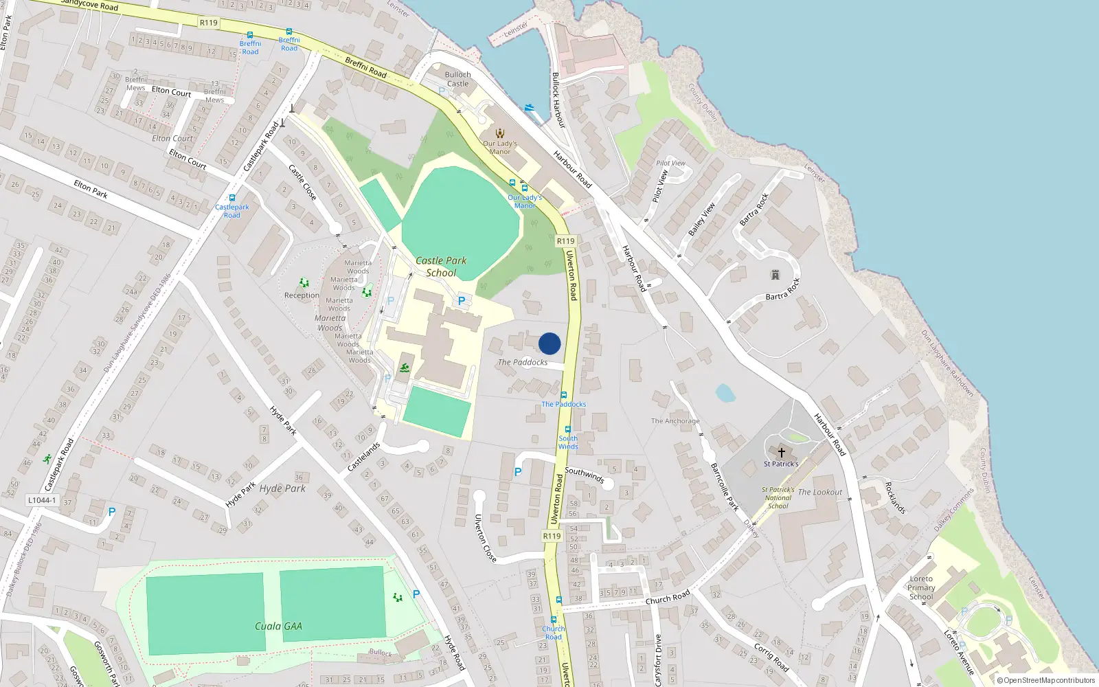 Overhead map showing the location of 1 the Paddocks, Dalkey, Dublin