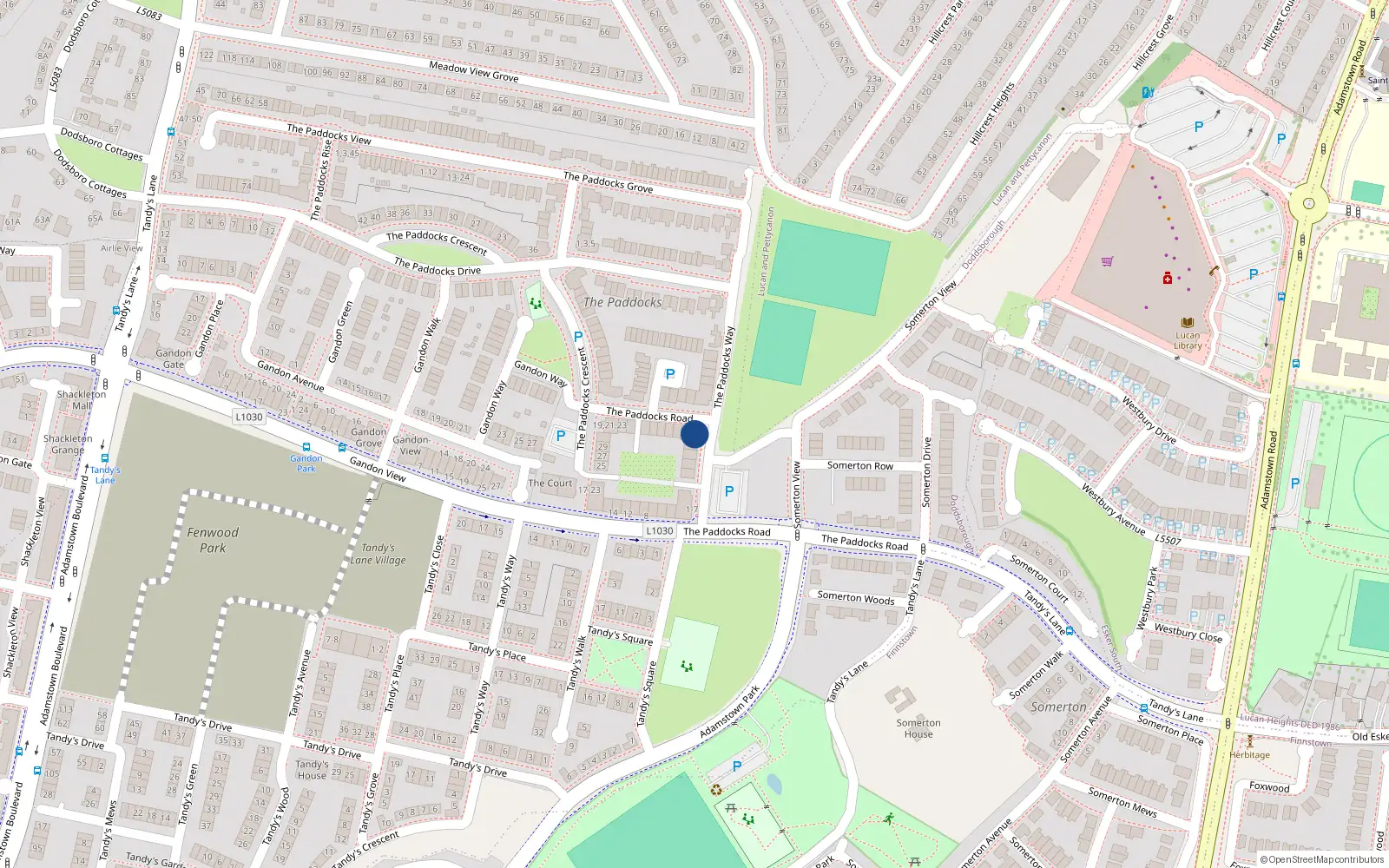 Overhead map showing the location of 1 The Paddocks Road, Lucan