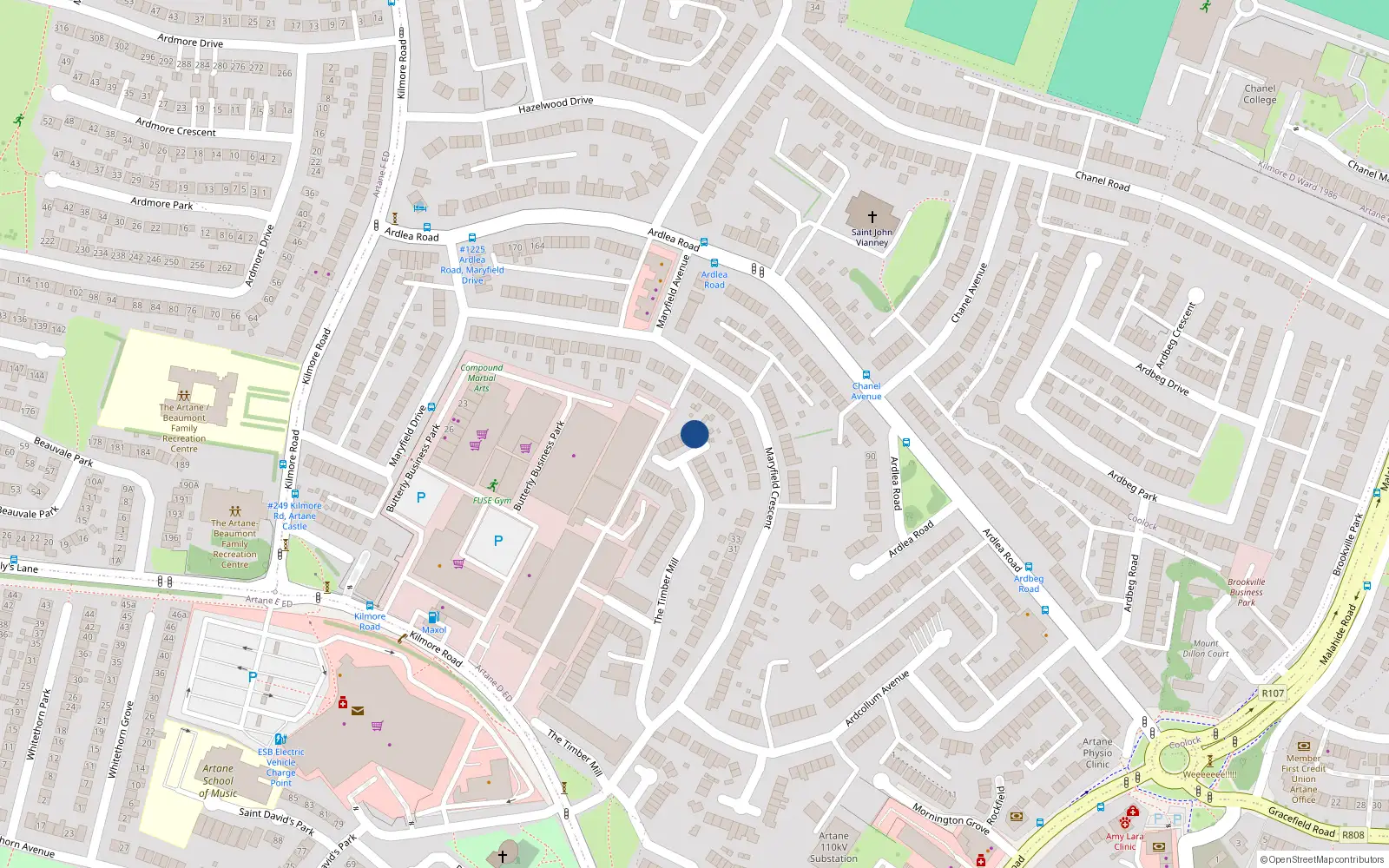 Overhead map showing the location of 1 Timber Mills, Kilmore Road, Artane