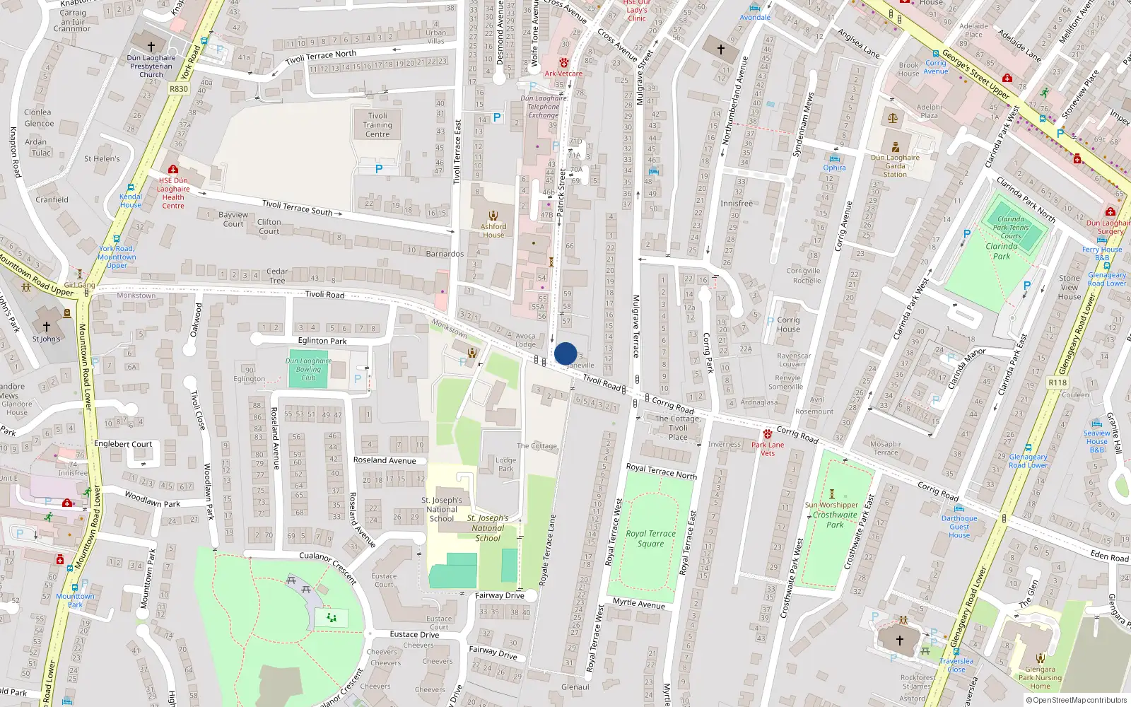 Overhead map showing the location of 1 Tivoli Road, Dún Laoghaire