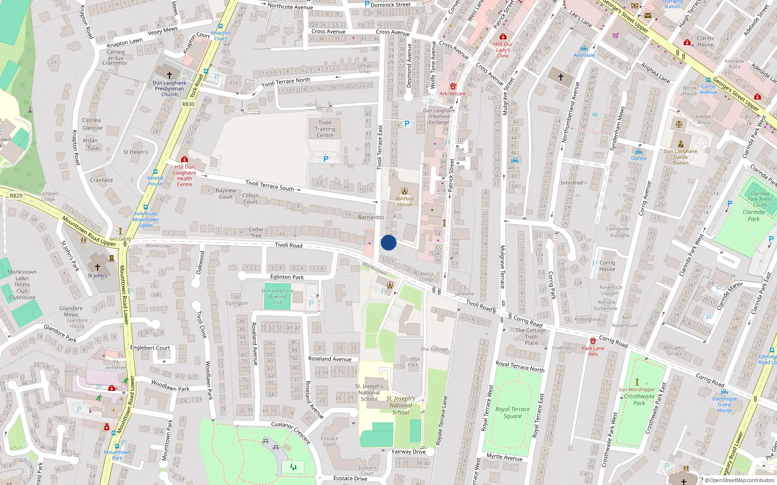 Overhead map showing the location of 1 Tivoli Terrace East, Dun Laoghaire, Dublin