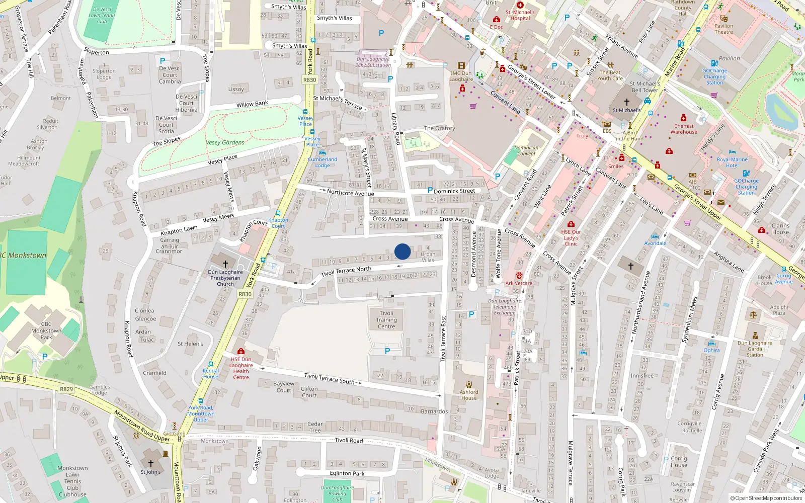 Overhead map showing the location of 1 Tivoli Terrace North, Co. Dublin