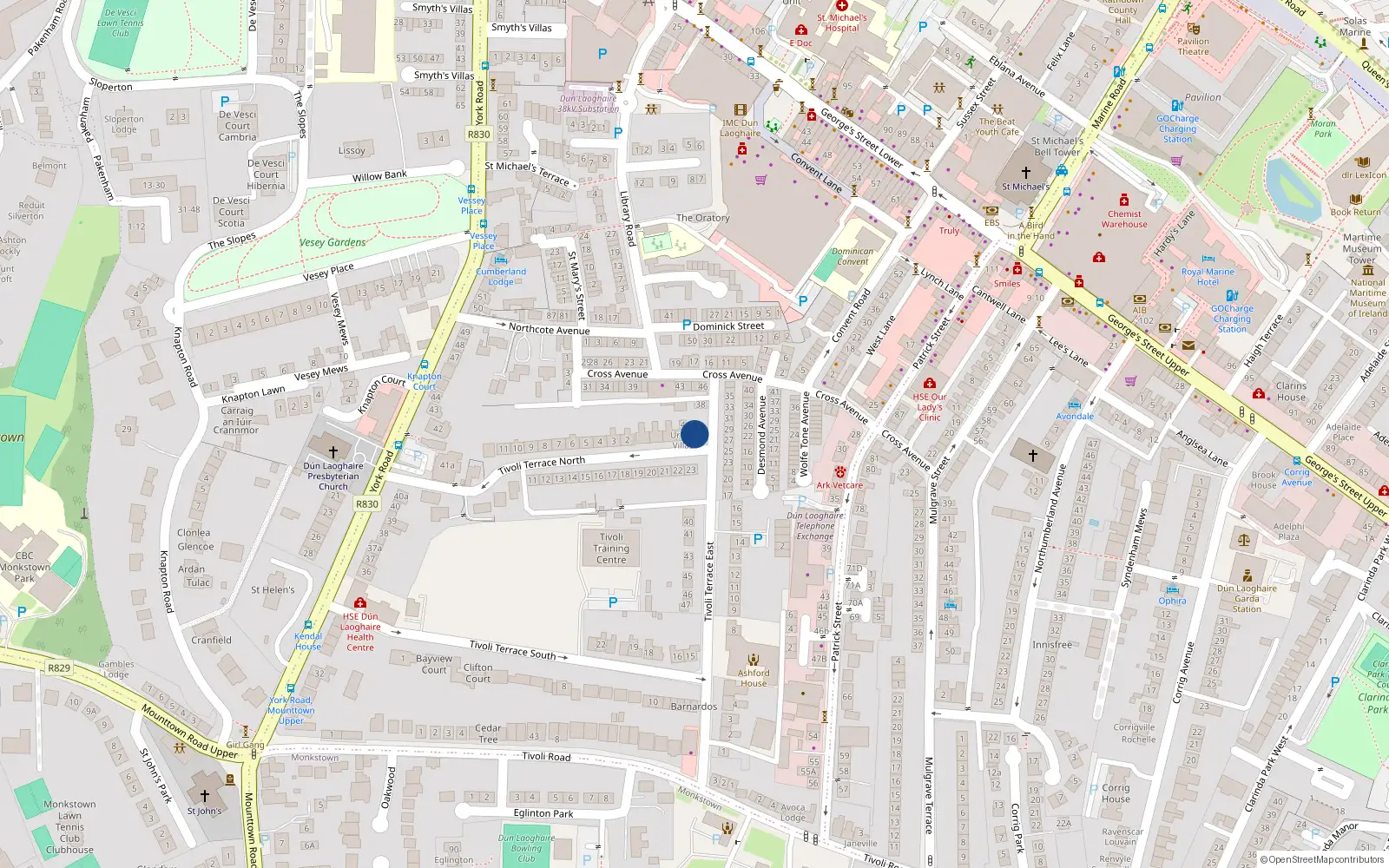 Overhead map showing the location of 1 Tivoli Terrace North, Dun Laoghaire, Dublin