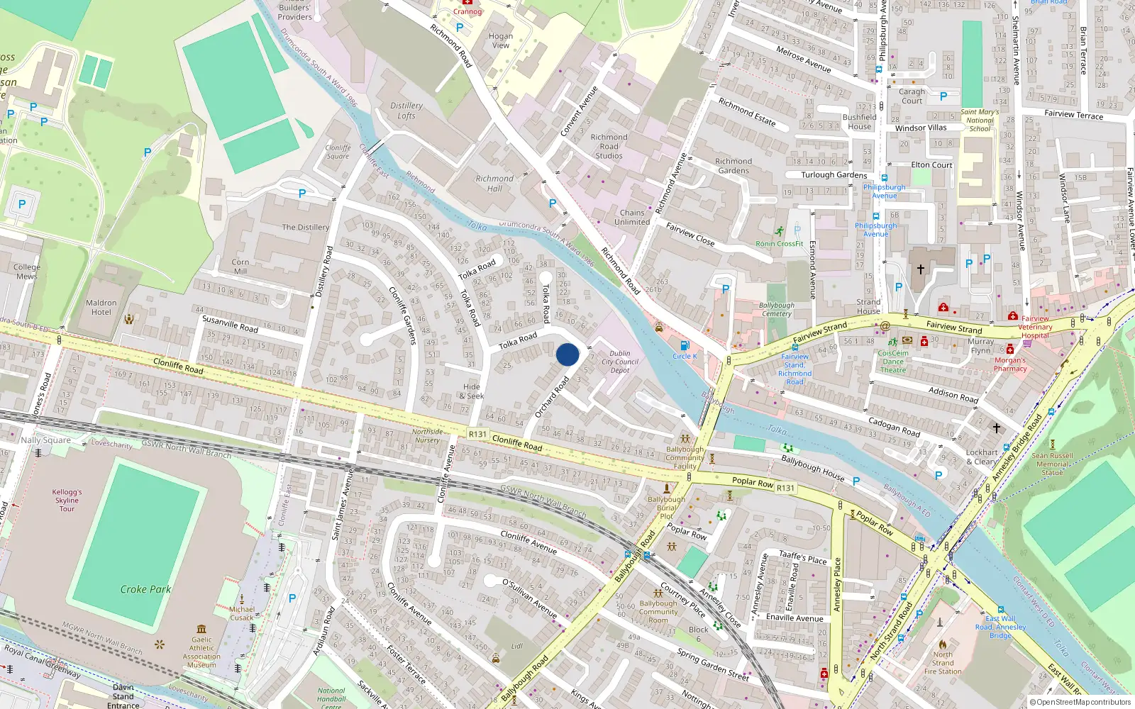 Overhead map showing the location of 1 Tolka Road, Dublin 3