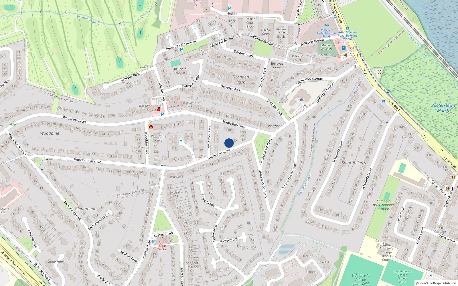 Overhead map showing the location of 1 Trimleston Road, Booterstown, Blackrock
