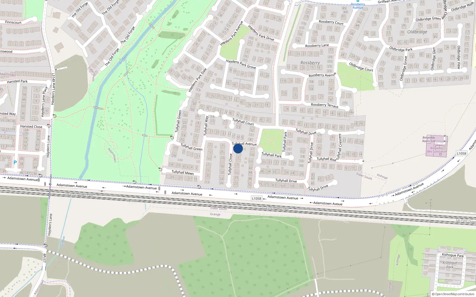 Overhead map showing the location of 1 Tullyhall Close, Lucan, Dublin