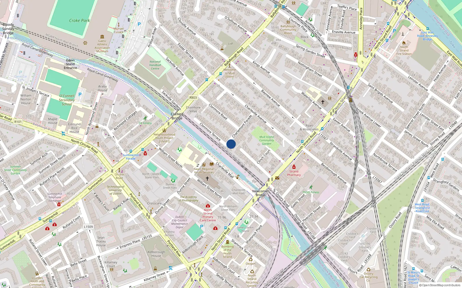 Overhead map showing the location of 1 Ulster Terrace, North Strand
