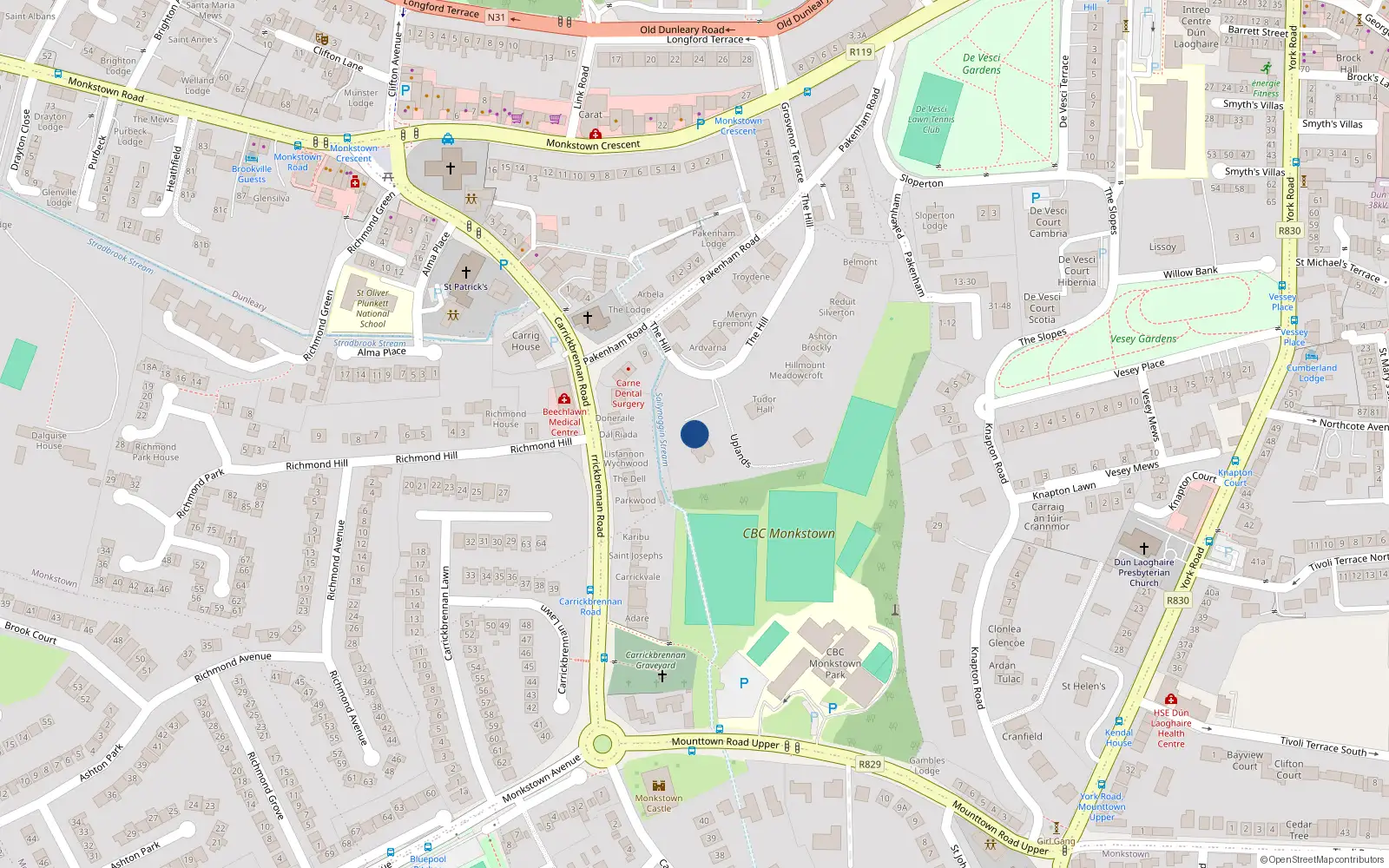 Overhead map showing the location of 1 Uplands, The Hill, Monkstown