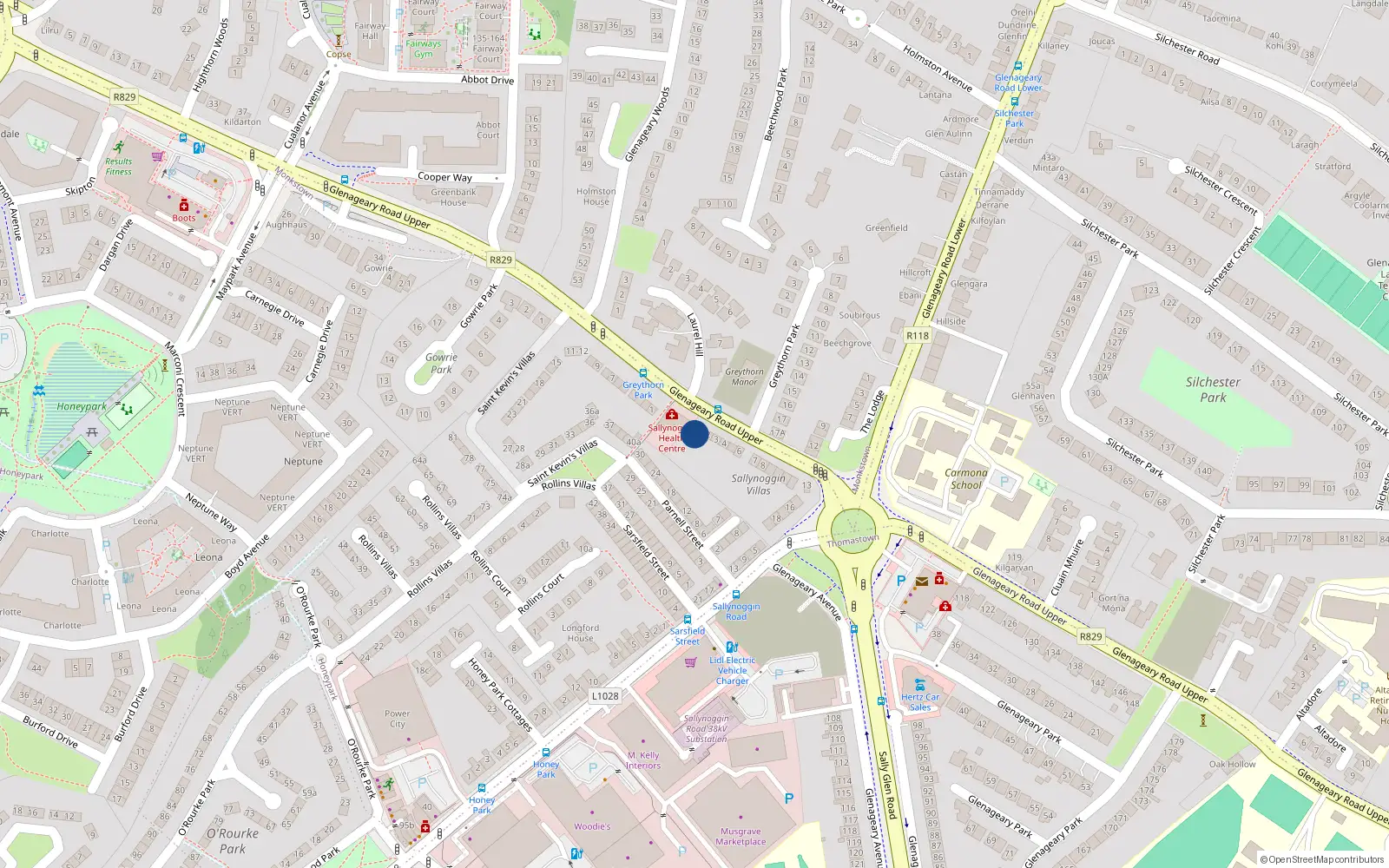 Overhead map showing the location of 1 Upper Sallynoggin Road, Sallynoggin