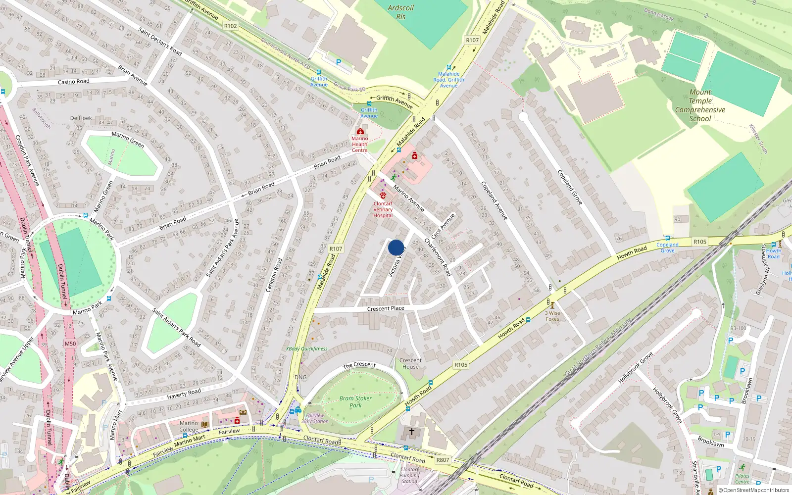 Overhead map showing the location of 1 Victoria Villas, Clontarf, Dublin 3