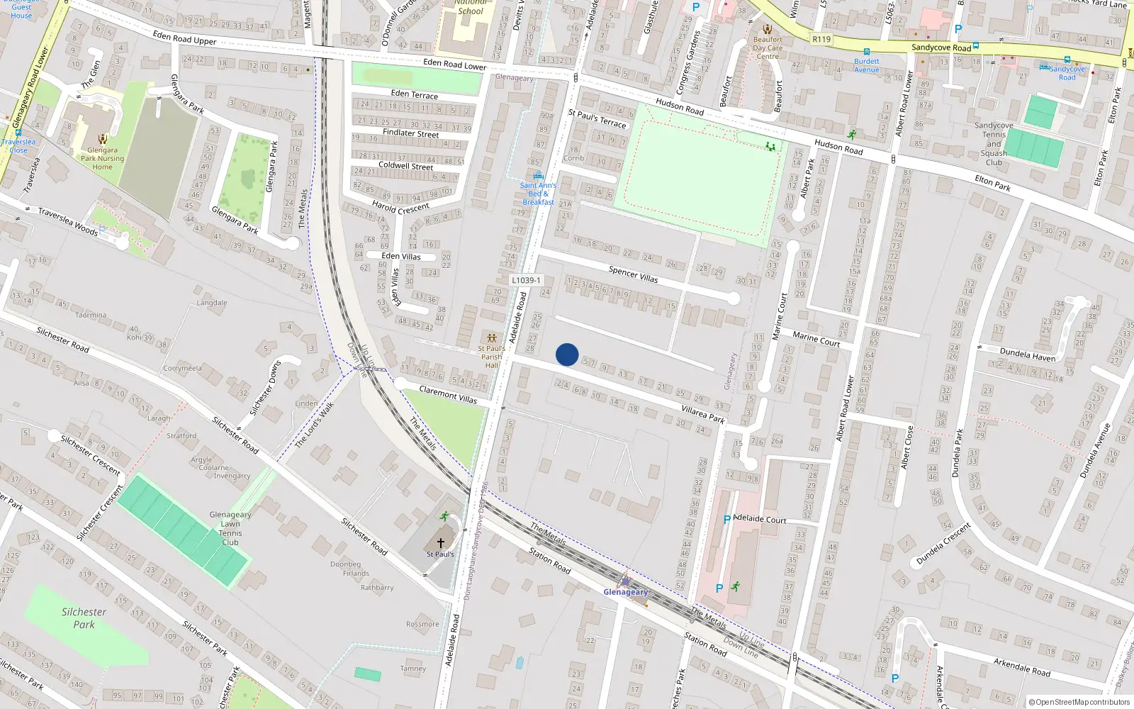 Overhead map showing the location of 1 Villarea Park, Glenageary
