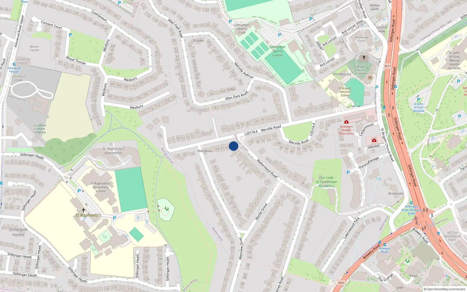 Overhead map showing the location of 1 Waltersland Road, Dublin