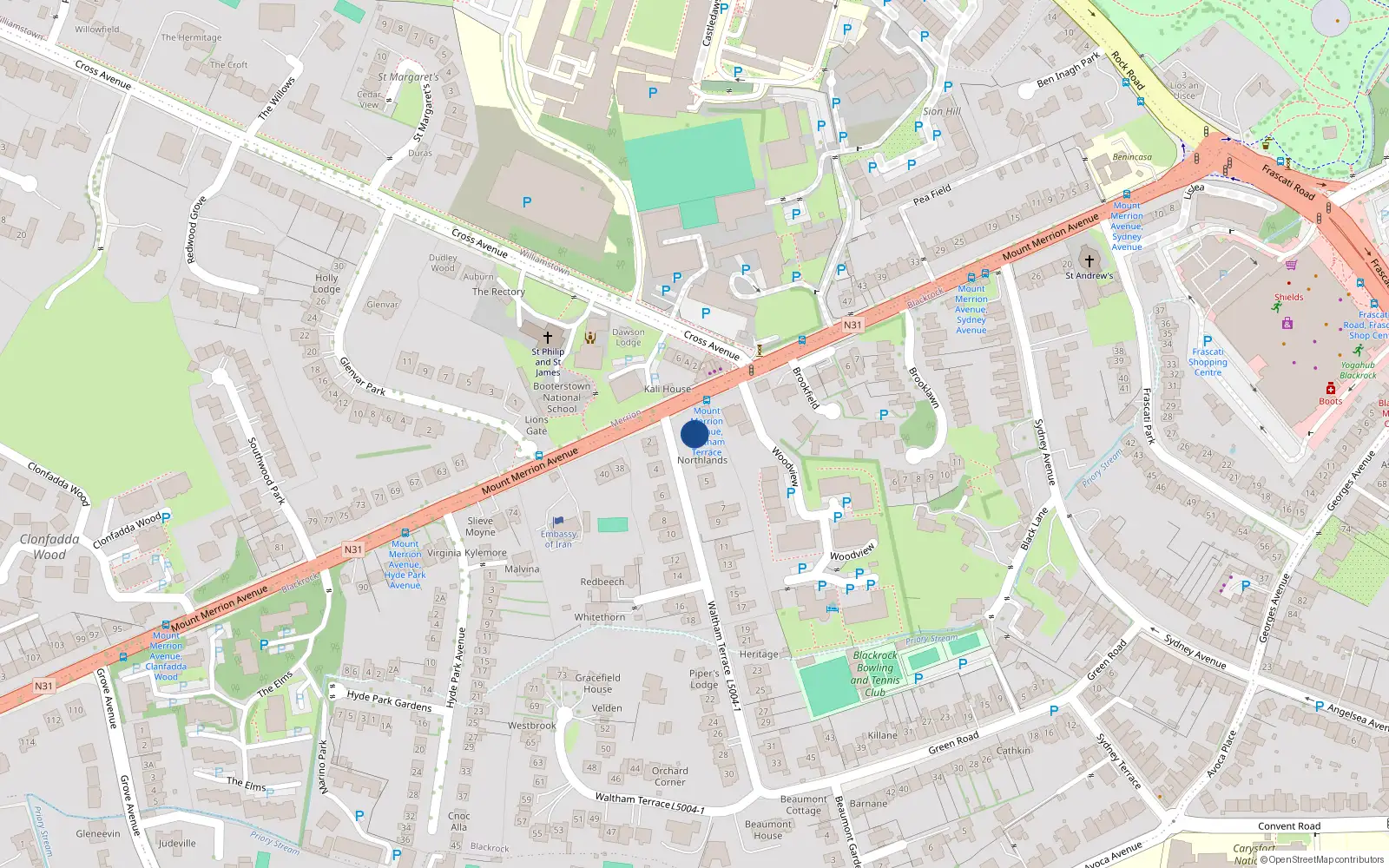 Overhead map showing the location of 1 Waltham Terrace, Blackrock
