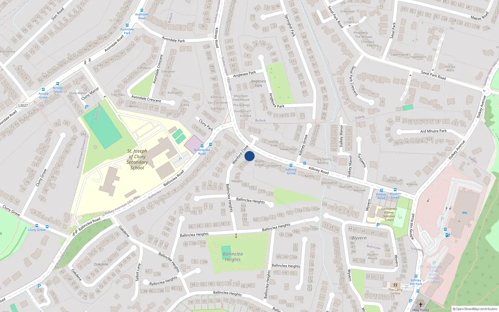 Overhead map showing the location of 1 Wanford Close, Killiney, Dublin