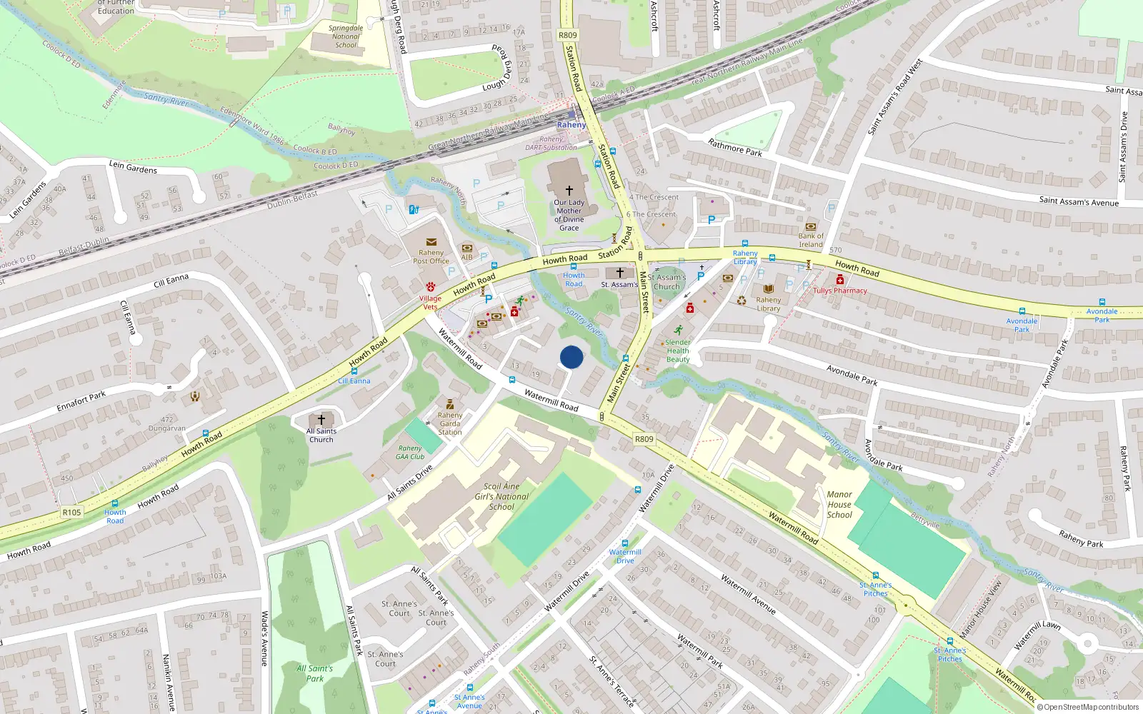 Overhead map showing the location of 1 Watermill Court, Watermill Road, Raheny