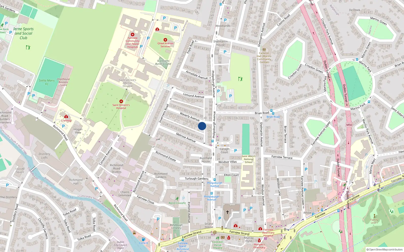 Overhead map showing the location of 1 Waverley Avenue, Fairview, Dublin 3