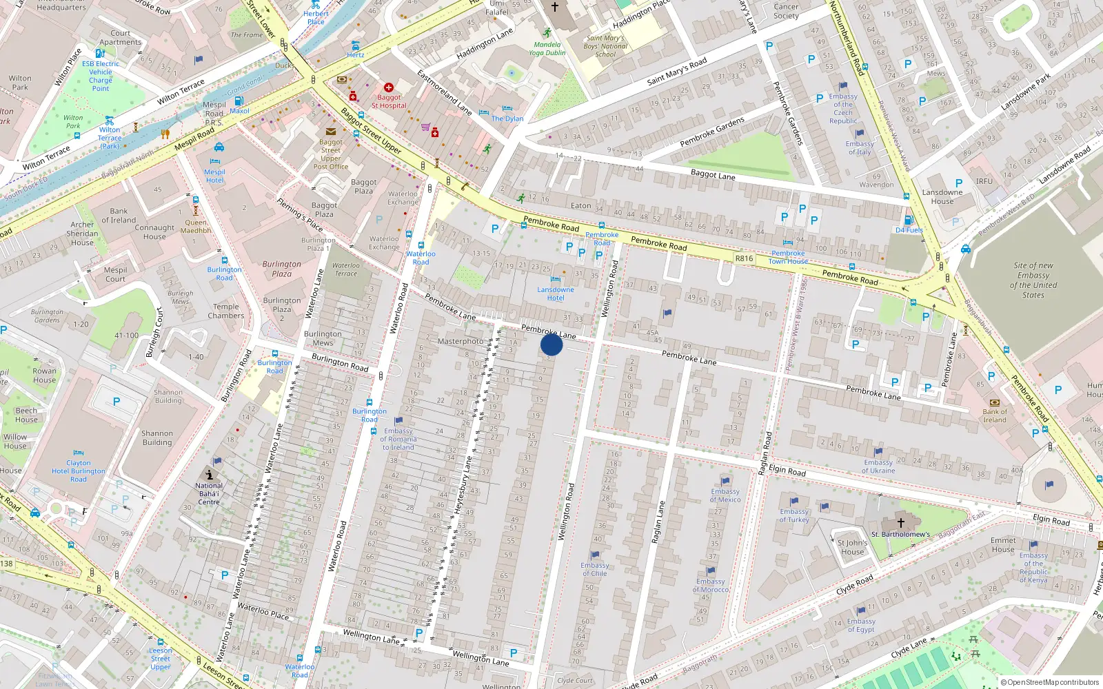Overhead map showing the location of 1 Wellington Road, Dublin 4