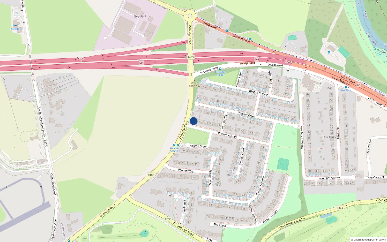 Overhead map showing the location of 1 Weston Avenue, Lucan, Dublin