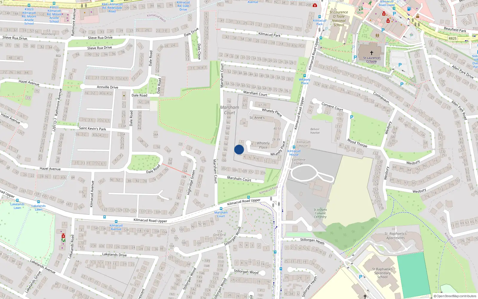Overhead map showing the location of 1 Whatley Place, Kilmacud Road Upper, Stillorgan