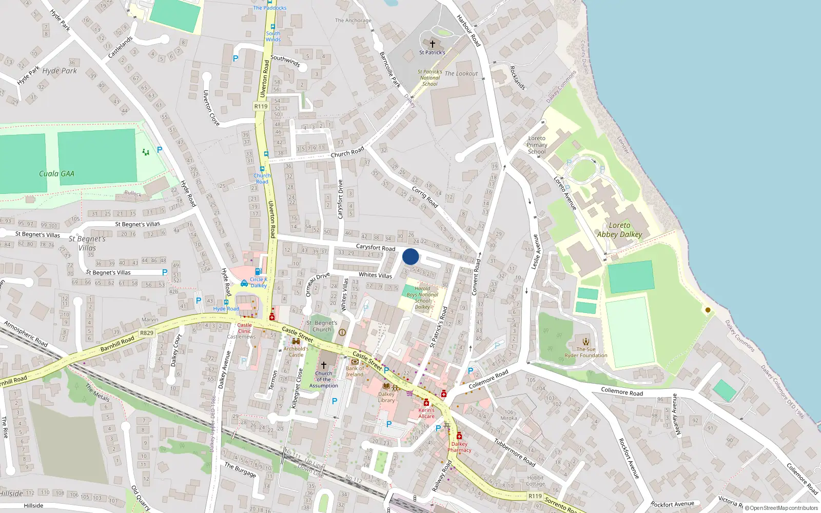 Overhead map showing the location of 1 White's Villas, Dalkey