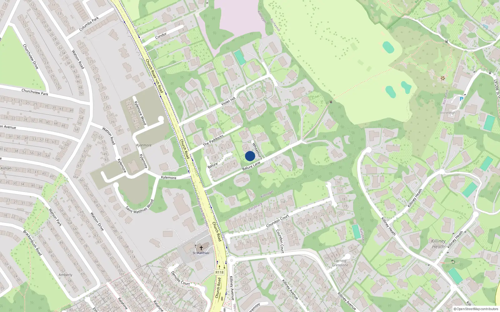 Overhead map showing the location of 1 Whitethorn, Balure Lane, Killiney