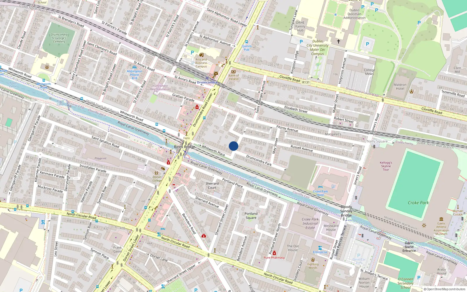 Overhead map showing the location of 1 Whitworth Avenue, Drumcondra, Dublin