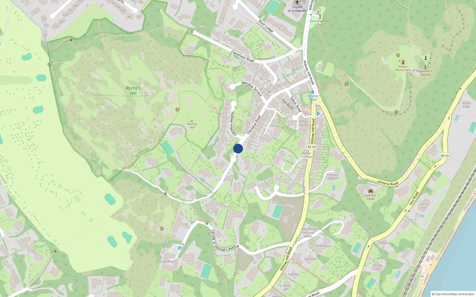 Overhead map showing the location of 1 Willmount Cottages, Glenalua Road, Killiney
