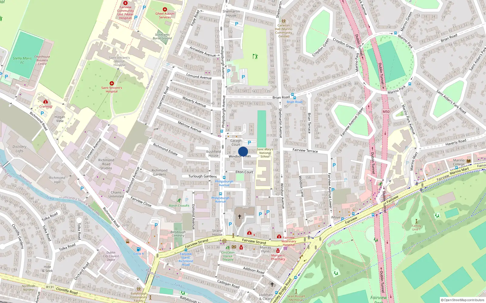 Overhead map showing the location of 1 Windsor Villas, Fairview, Dublin 3