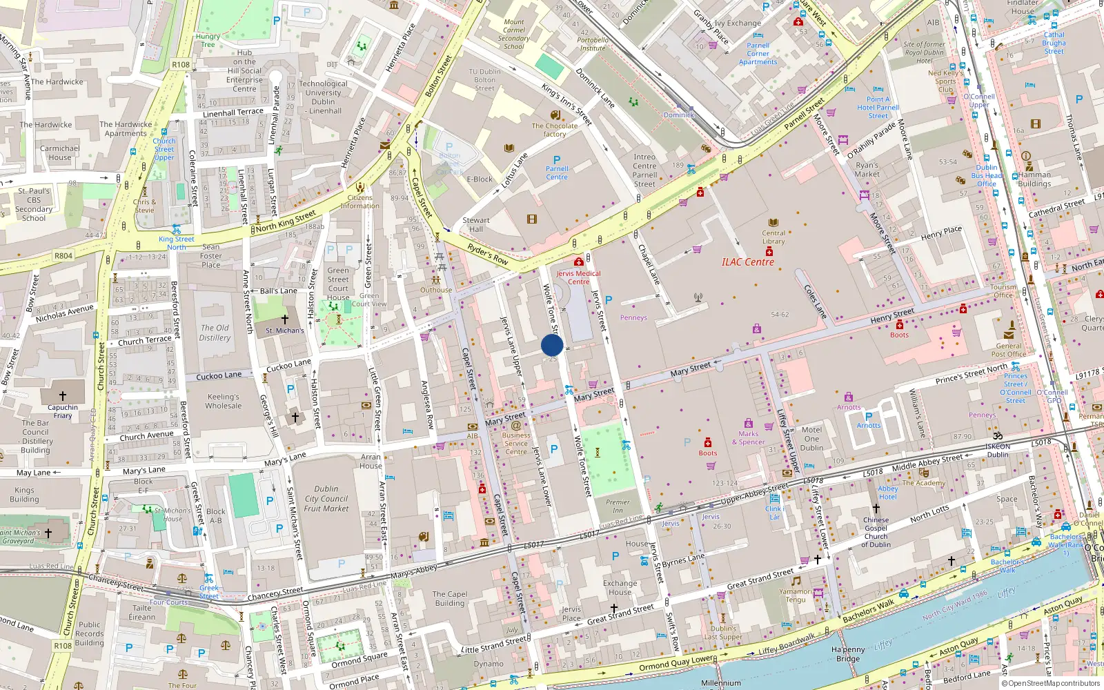 Overhead map showing the location of 12-52 Wolfe Tone Street, Dublin 1
