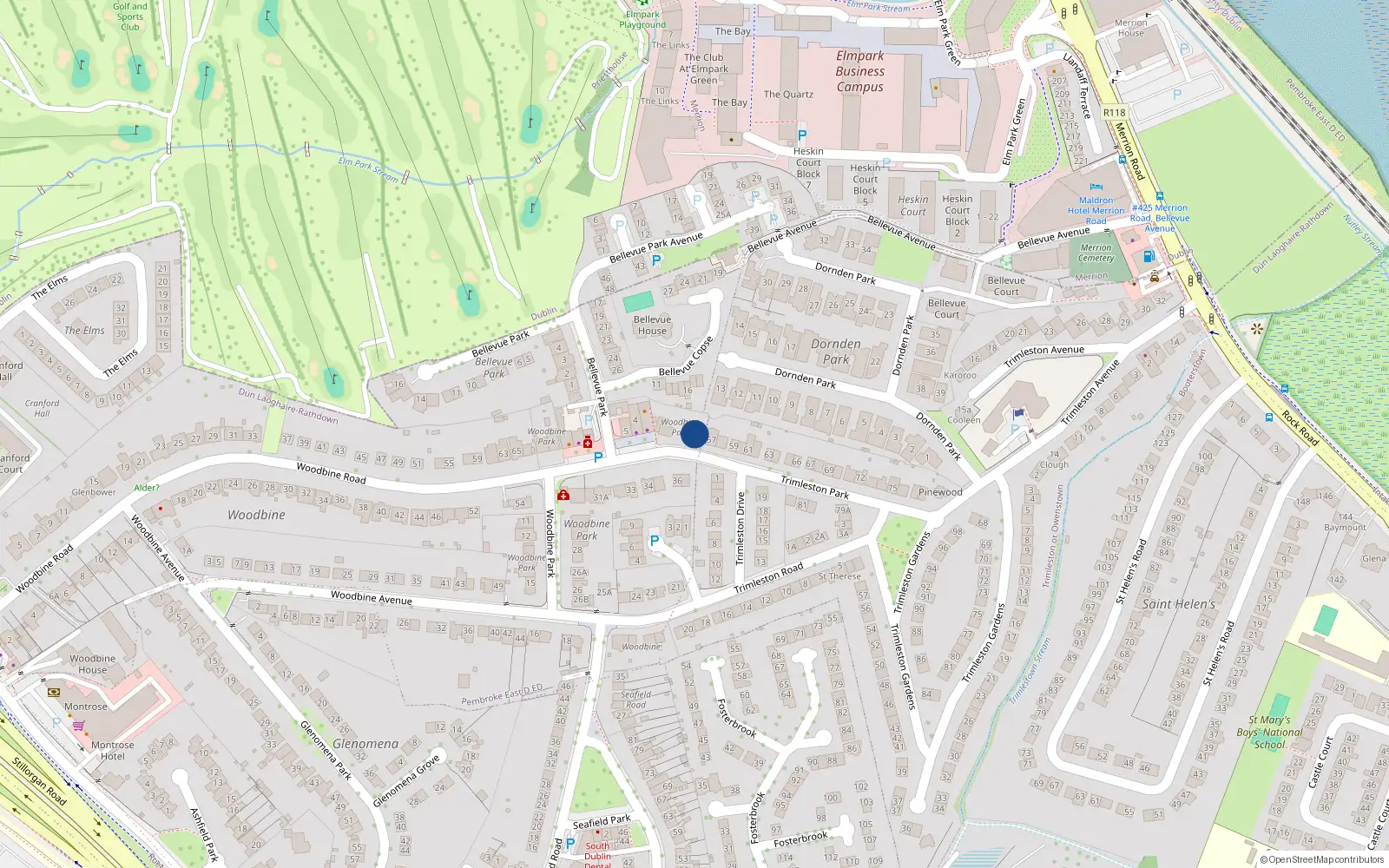 Overhead map showing the location of 1 Woodbine Park, Blackrock