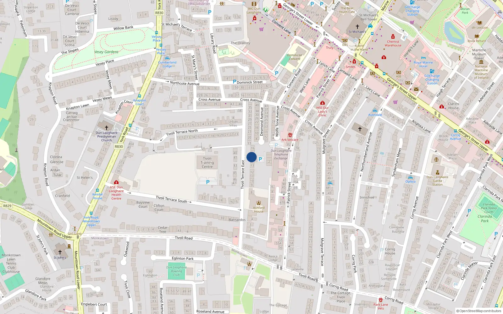 Overhead map showing the location of 1 Woodbury Mews, Dun Laoghaire