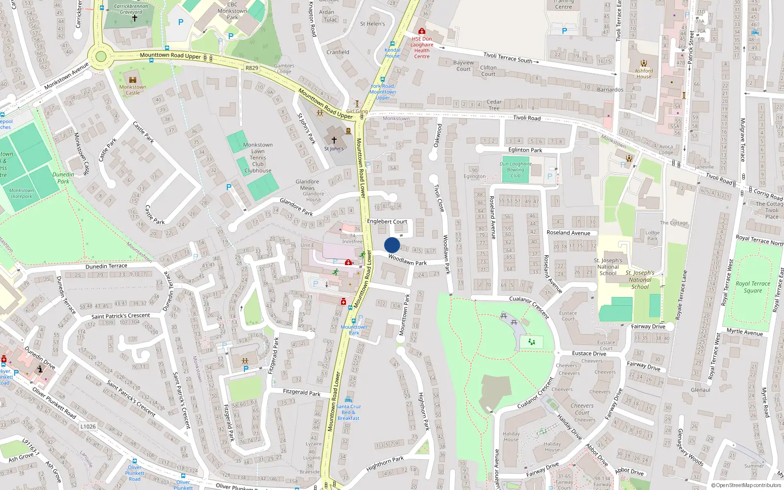 Overhead map showing the location of 1 Woodlawn Park, Dun Laoghaire, Dublin