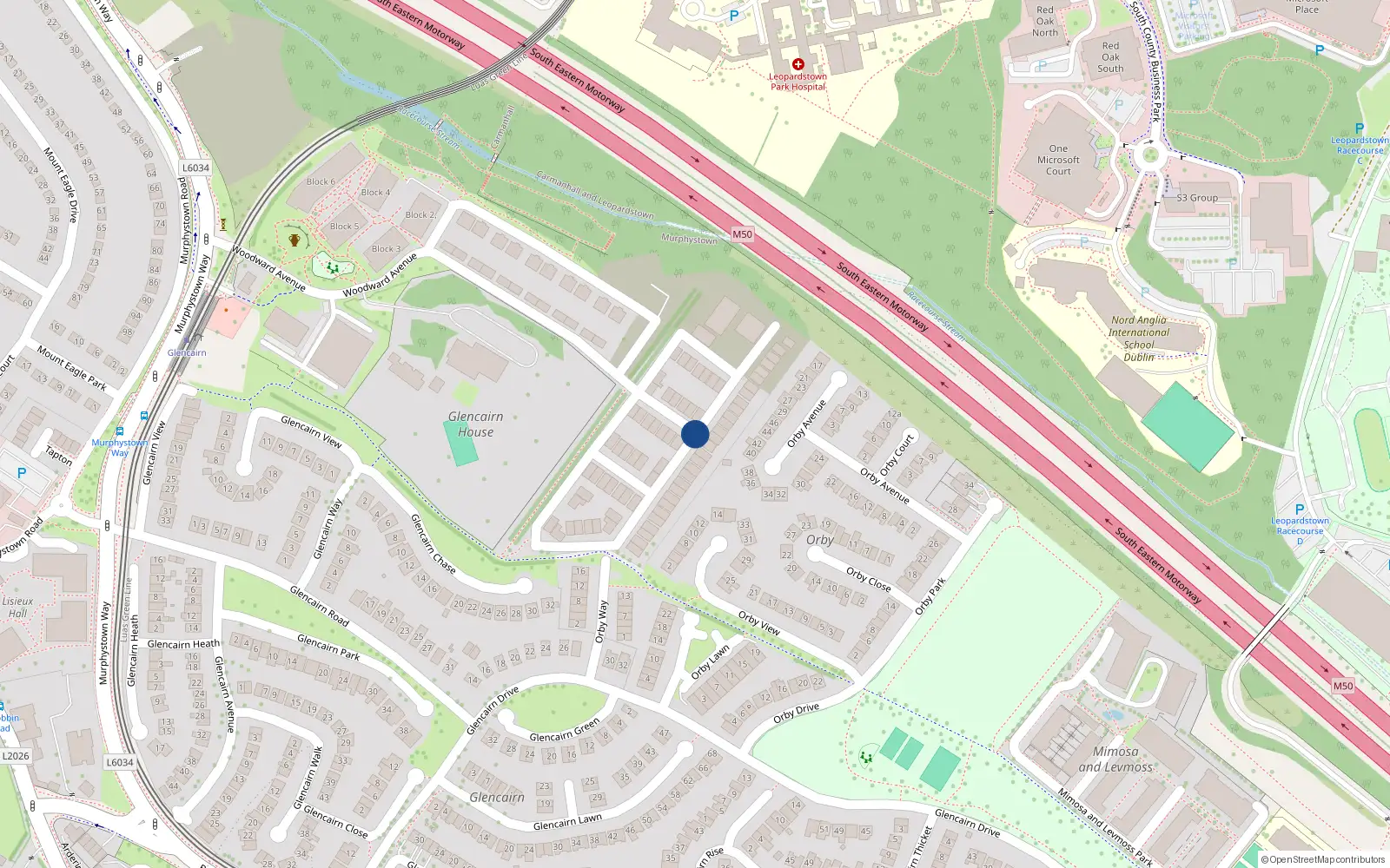 Overhead map showing the location of 1 Woodoodward Heath, Glencairn Gate, Leopardstown