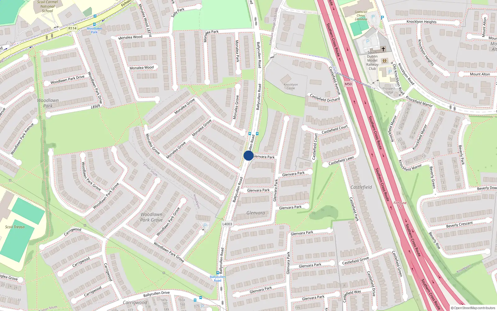 Overhead map showing the location of 1 Woodstown Dale, Ballycullen Road, Knocklyon