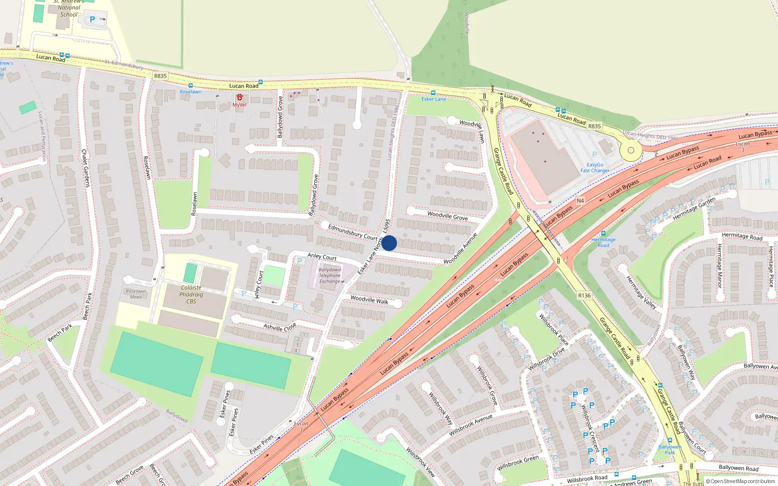 Overhead map showing the location of 1 Woodville Avenue, Lucan, Dublin