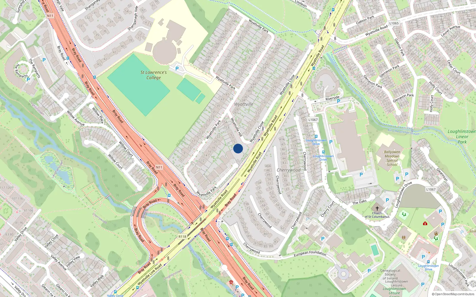 Overhead map showing the location of 1 Wyattville Hill, Dublin