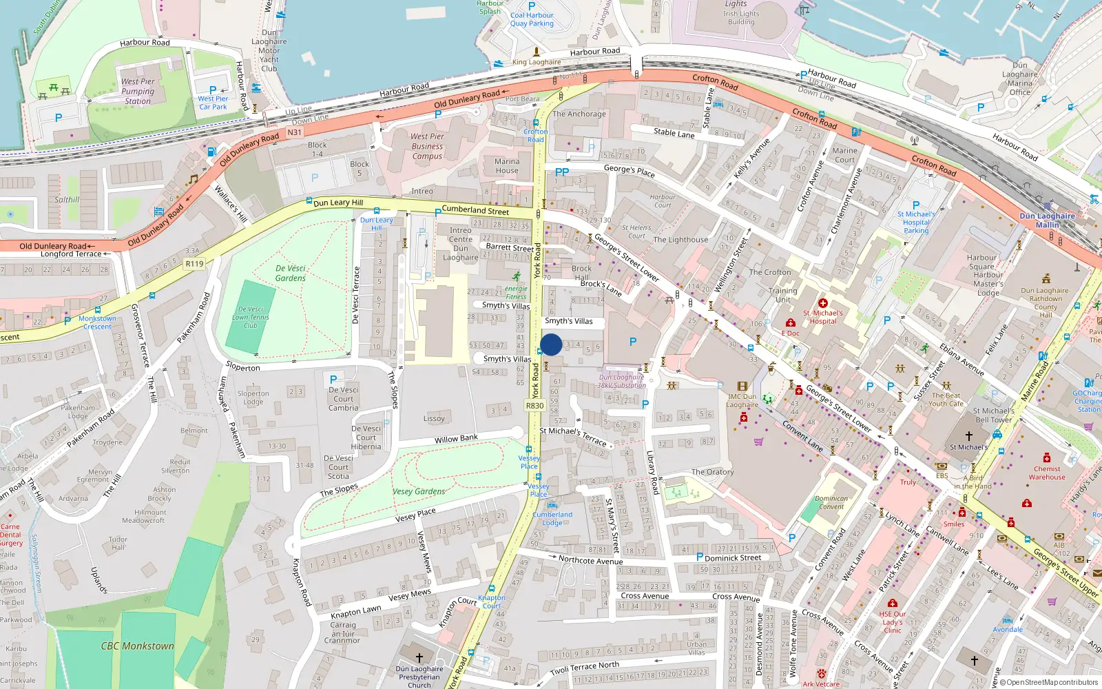 Overhead map showing the location of 1 York Terrace, Dublin