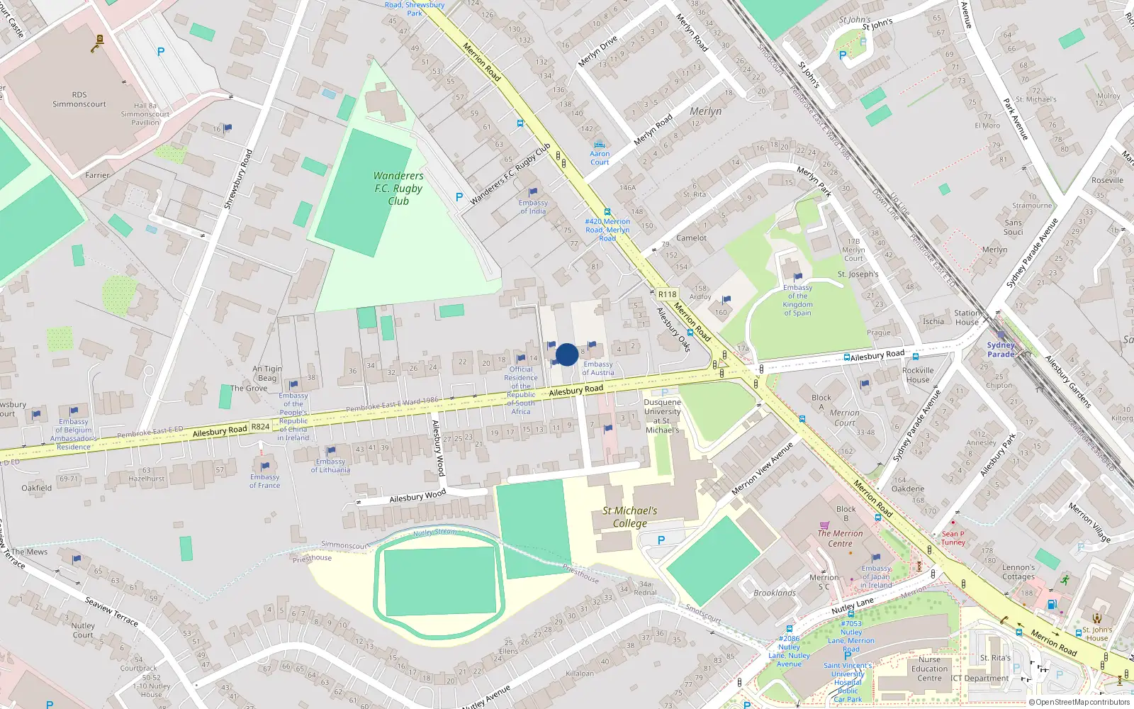 Overhead map showing the location of 10 Ailesbury Road, Simmonscourt