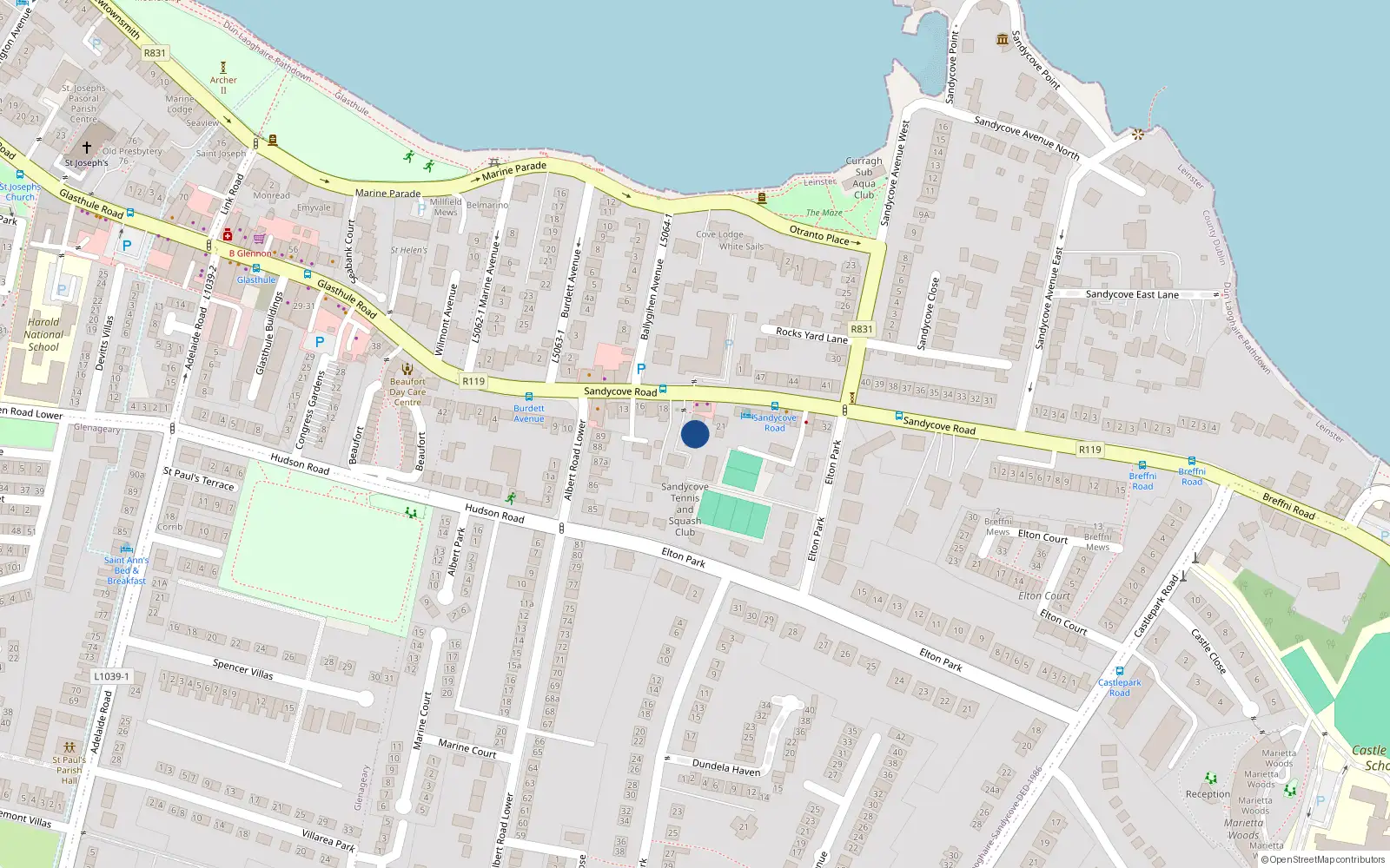 Overhead map showing the location of 10 Albert Court, Sandycove Road, Sandycove
