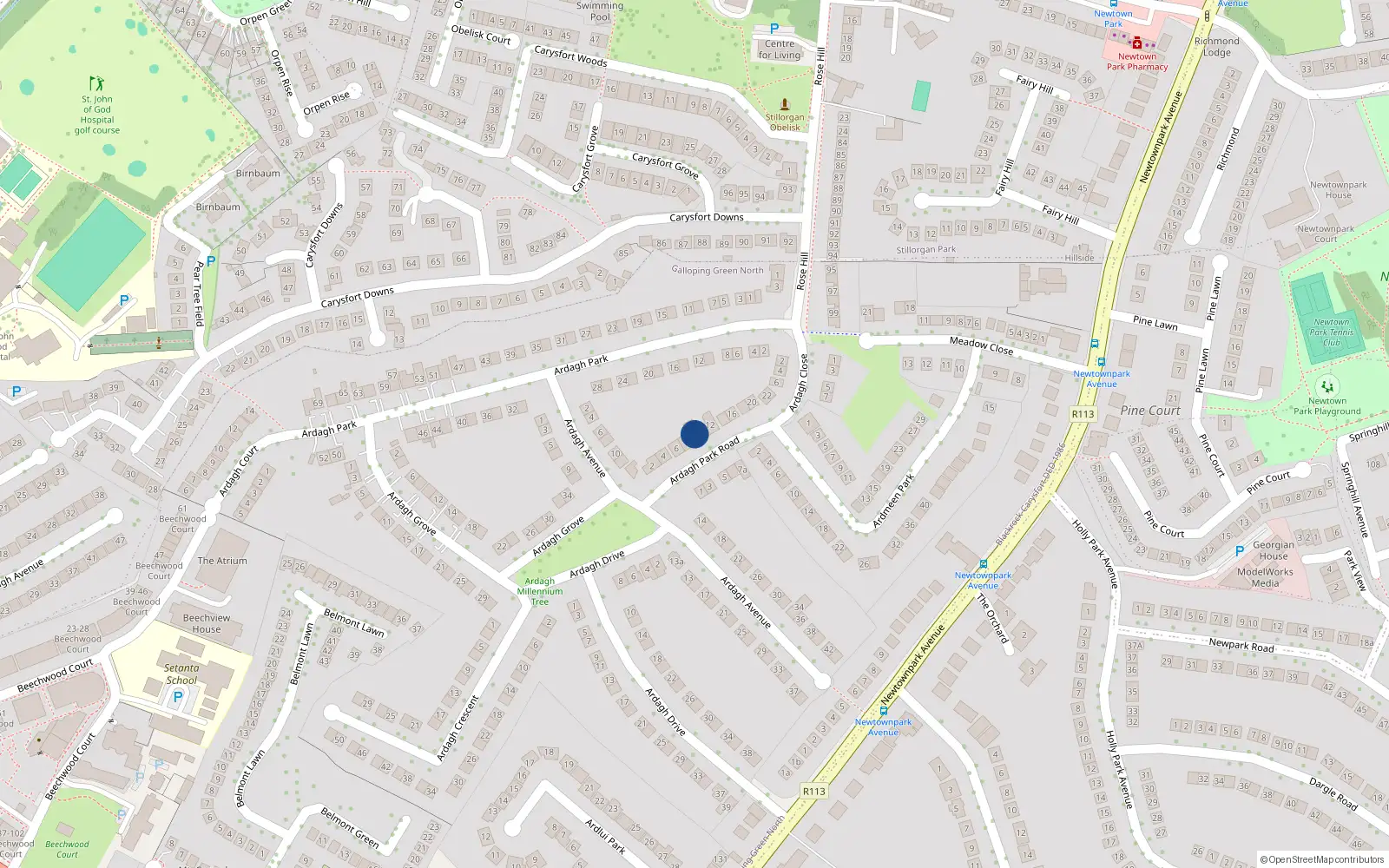 Overhead map showing the location of 10 Ardagh Park Road, Blackrock, Dublin