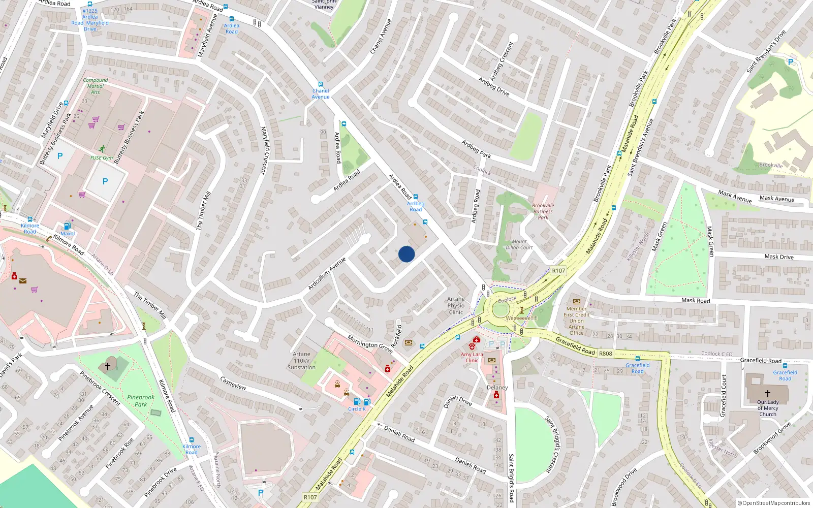 Overhead map showing the location of 10 Ardcollulm Avenue, Artane