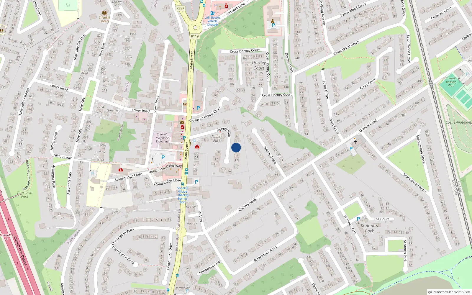 Overhead map showing the location of 10 Aubrey Park, Dublin