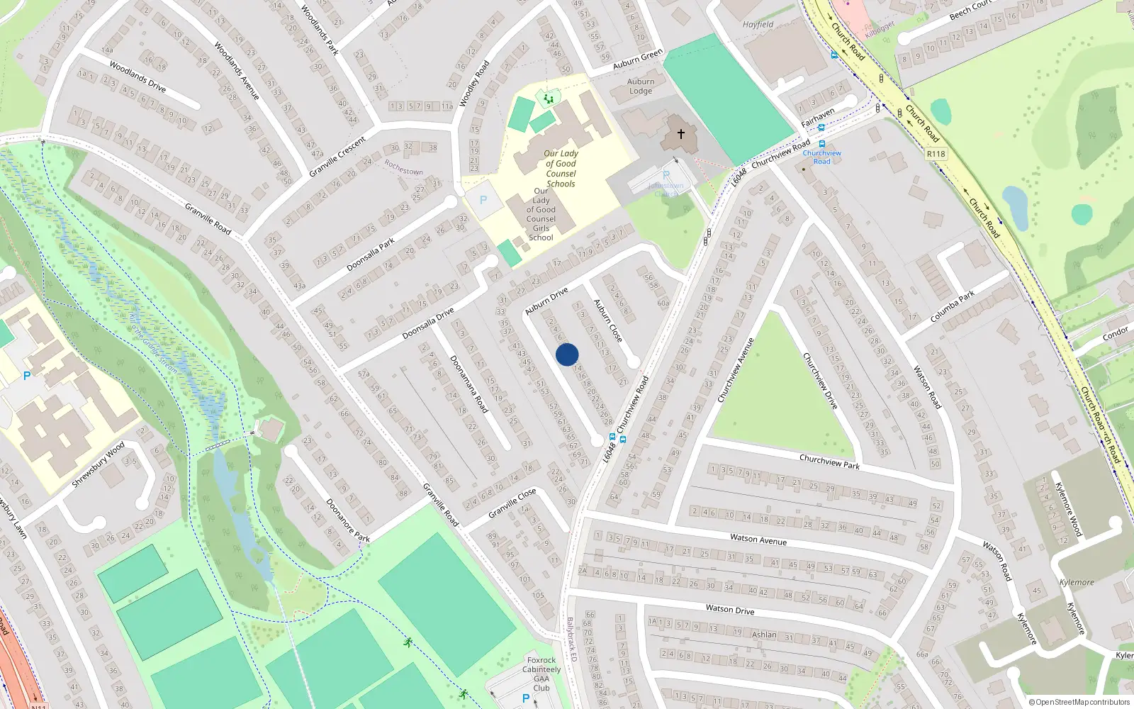 Overhead map showing the location of 10 Auburn Drive, Killiney, Dun Laoghaire