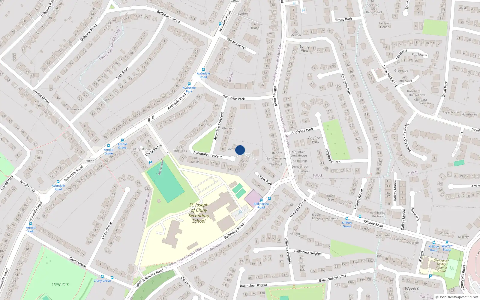Overhead map showing the location of 10 Avondale Crescent, Killiney, Dublin