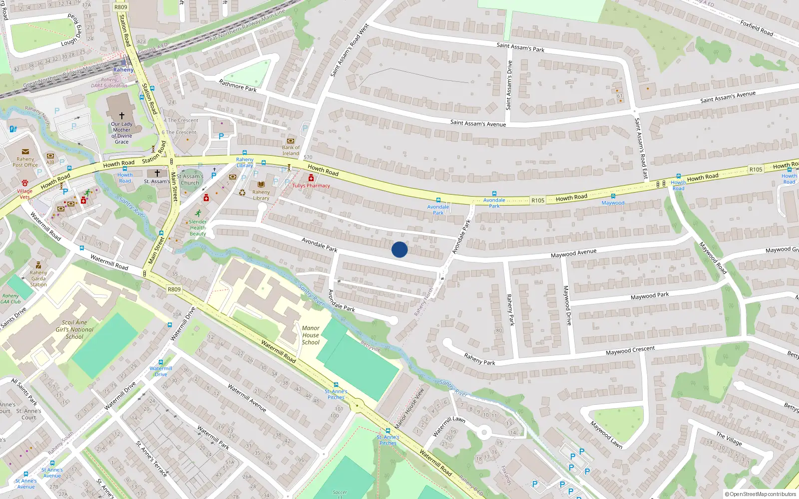 Overhead map showing the location of 10 Avondale Park, Raheny, Dublin 5