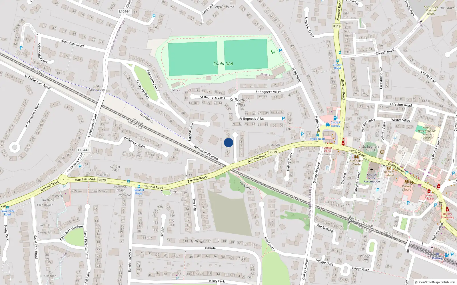 Overhead map showing the location of 10 Barnhill Grove, Dalkey, Dublin