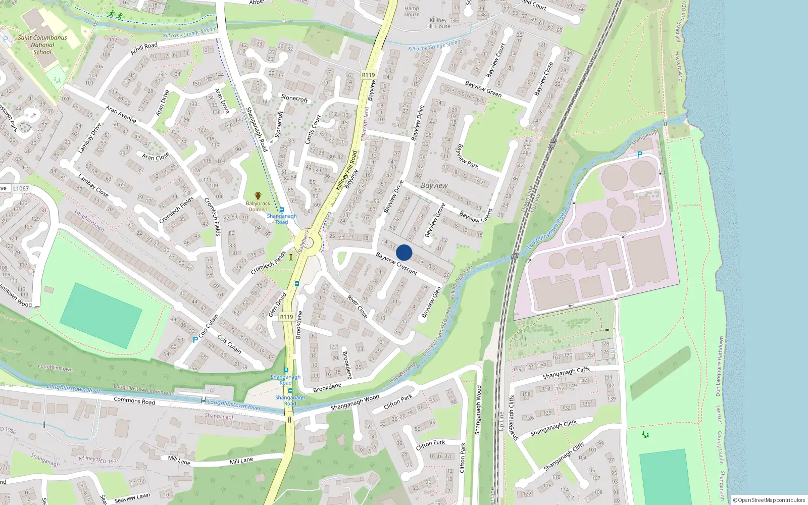 Overhead map showing the location of 10 Bayview Crescent, Killiney