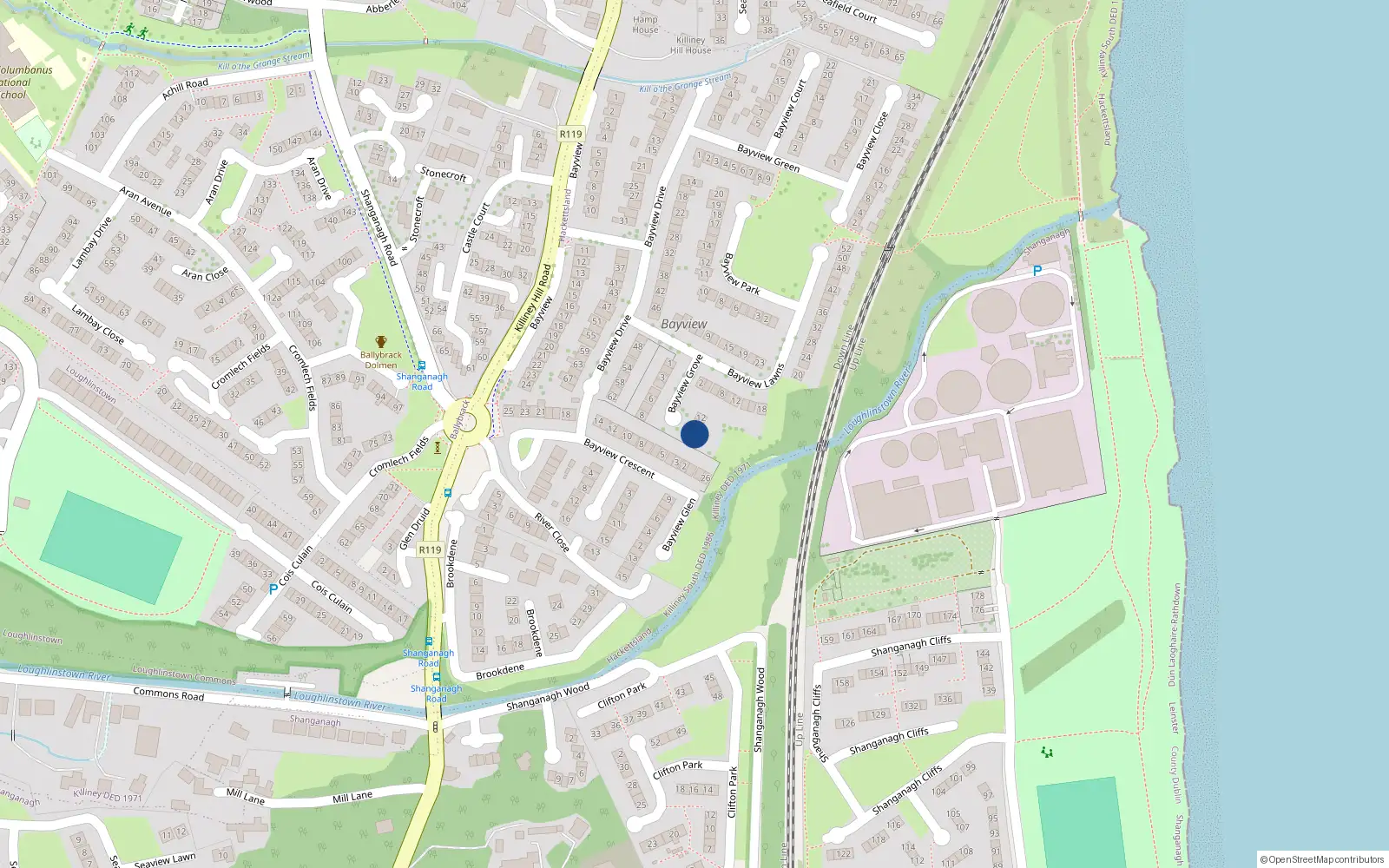 Overhead map showing the location of 10 Bayview Grove, Killiney