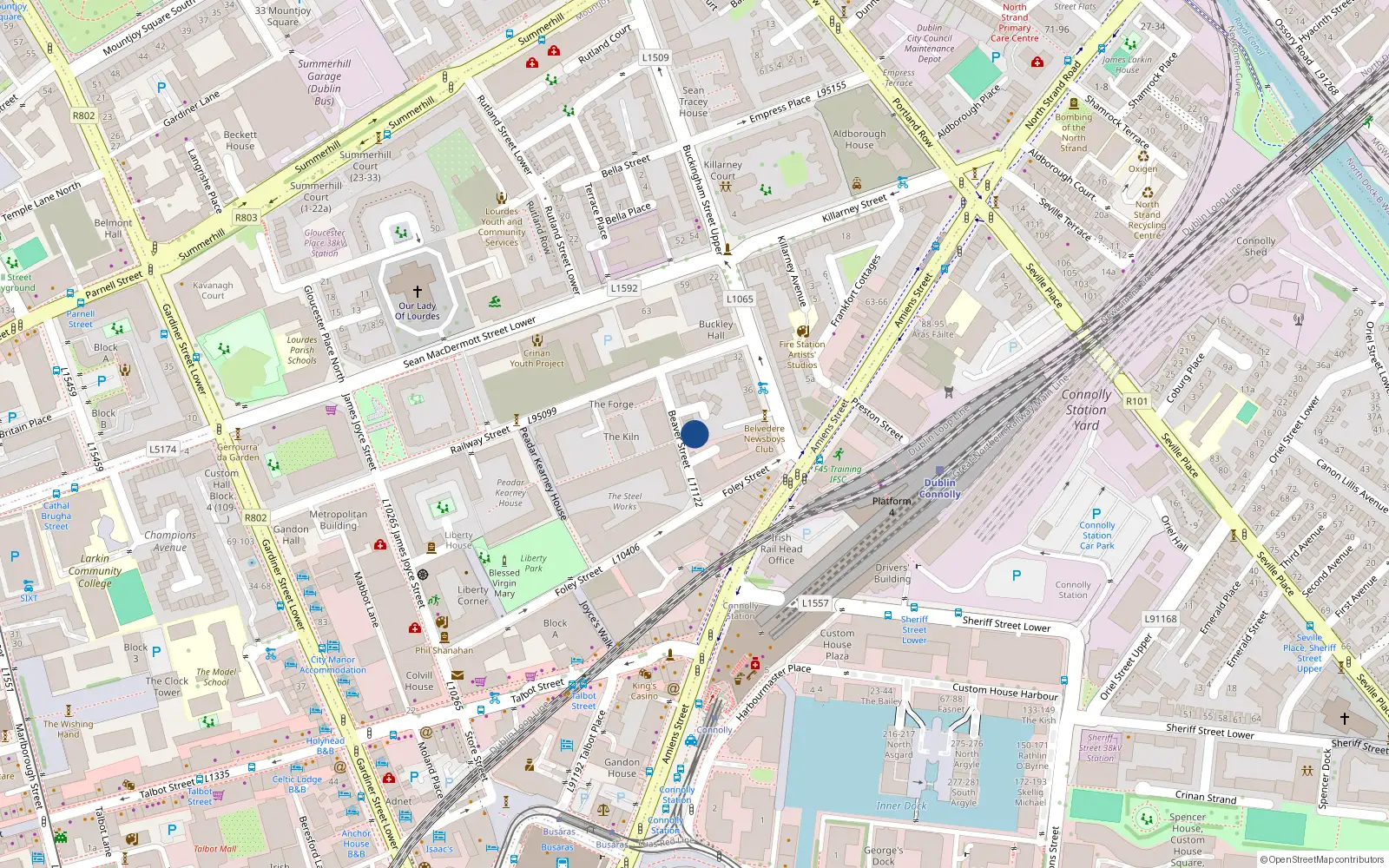 Overhead map showing the location of 10 Beaver St, Off Railway St, Dublin 1