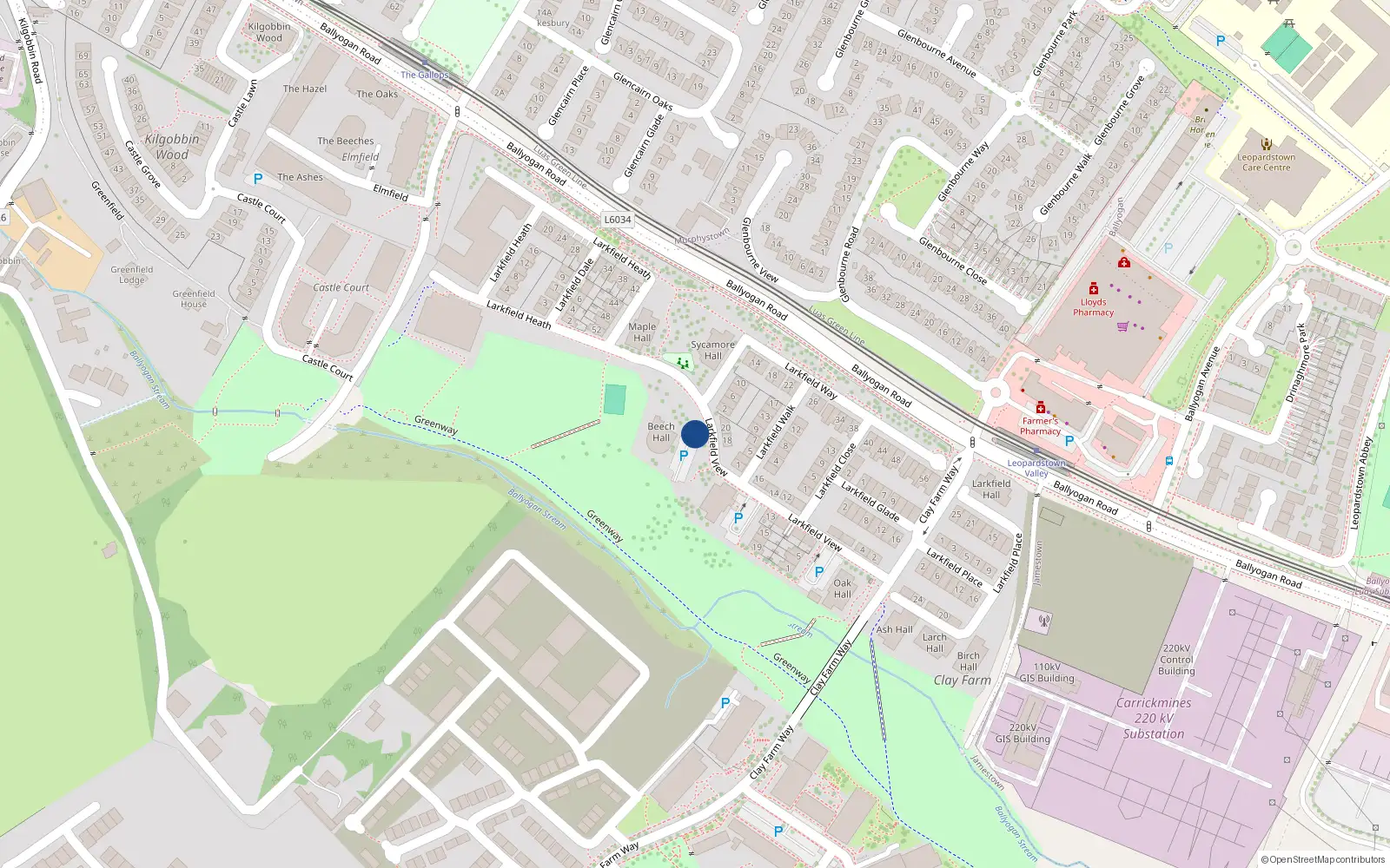Overhead map showing the location of 10 Beech Hall, Clay Farm, Leopardstown